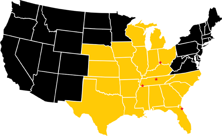 Map of Driving Jobs with Dedicated Lanes, Company Driver, and US Postal Contractor for Nashville Trucking company and Birmingham Trucking company.